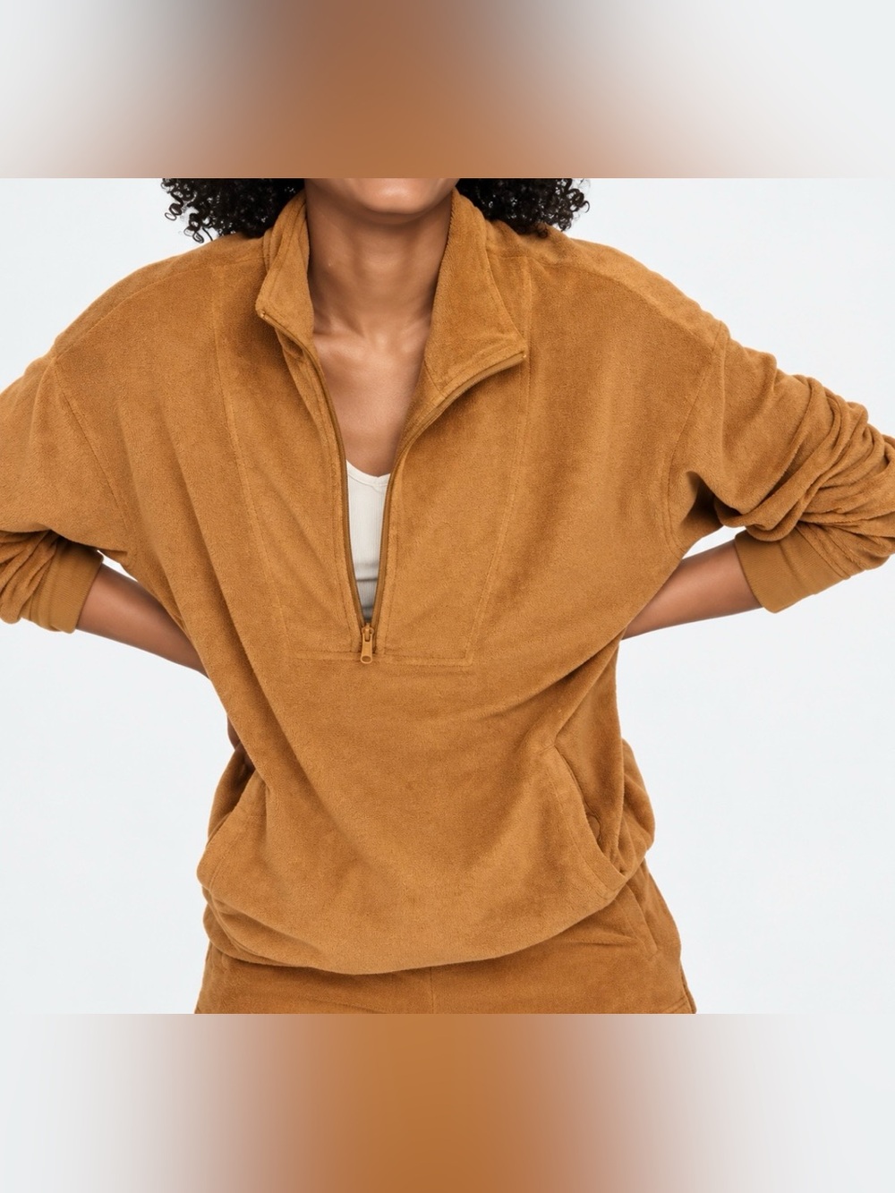 Aerie terry cloth 1/4 zip sweatshirt women’s large brown